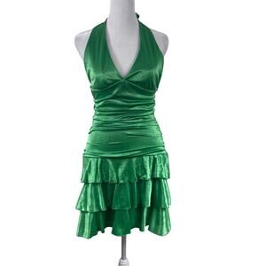 Ruby Rox 80s Green Babydoll Halter Dress Sz S Ruffled Ruched Open Back Coquette